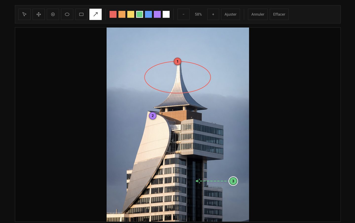 Aperçu d'une image annotée avec repères et notes.